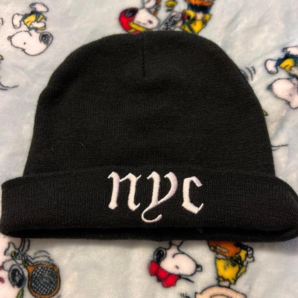 Black beanie with white embroidered NYC logo